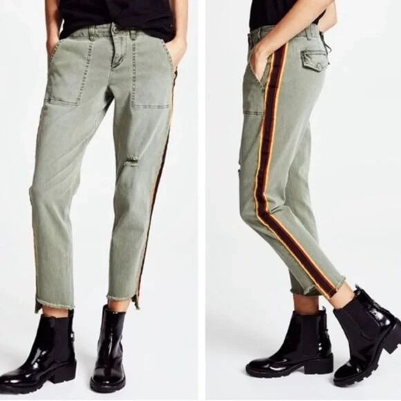 Pam & Gela Olive Pants Size 27 Utility Military Cargo Slim Cropped with Stripes - Picture 1 of 8